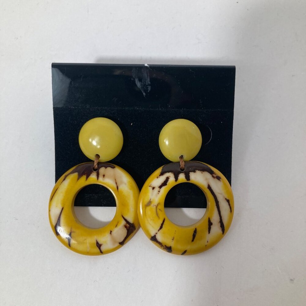 Savannah Tagua Nut Earrings by Soraya Cedeno Yellow Brown Hoops 2" #1